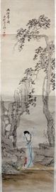 11 KU LE, CHINESE PAINTED SCROLL, 19TH C, H 45", W 12", WOMAN PICKING FLOWERS