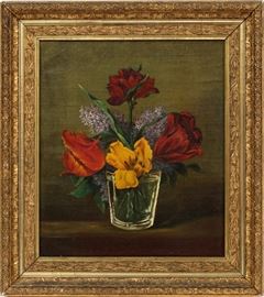 1393 UNSIGNED OIL ON CANVAS, C. 1920S, H 13 1/2", L 11", FLORAL STILL LIFE