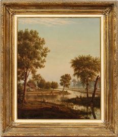 2136 UNSIGNED OIL ON CANVAS, C. 1900, H 21", L 18", LANDSCAPE BY A STREAM
