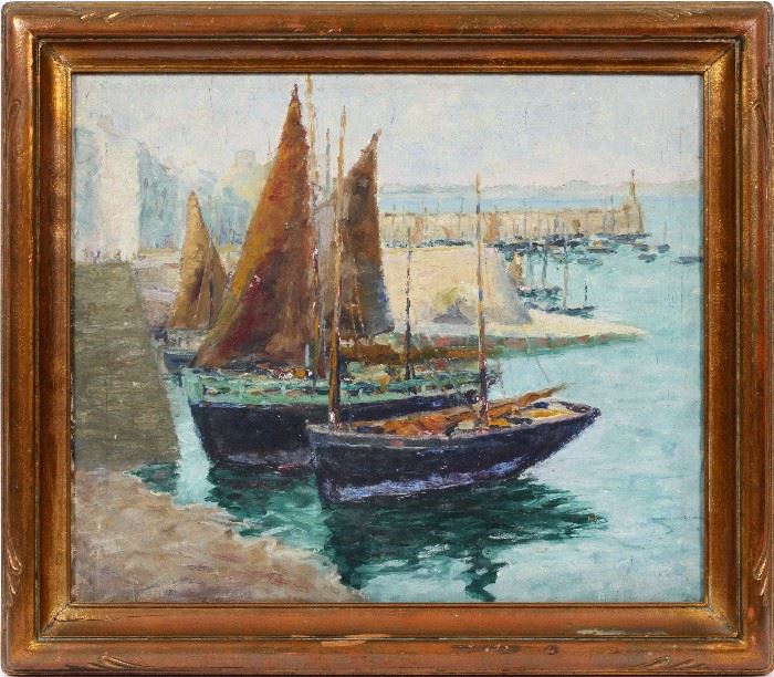 1383 UNSIGNED OIL ON CANVAS 'SAILBOATS IN HARBOR' FRAMED (1) H 20" W 24" IMAGE
