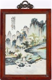 1221 CHINESE FAMILLE ROSE MOUNTAIN SCENE PORCELAIN PLAQUE H 13 1/2" W 9"