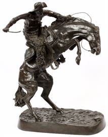 52 AFTER FREDERIC REMINGTON BRONZE, H 21", W 15 1/2", D 9", "BRONCO BUSTER"