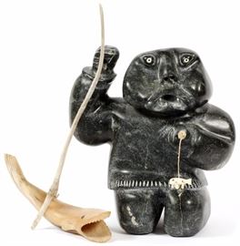 2050 JUDAS ULLULAQ (INUIT, 1937-1999), CARVED SOAPSTONE, CARIBOU ANTLER & MUSKOX HORN SCULPTURE, LATE 20TH C., H 18 1/4"