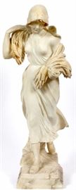 2 ITALIAN CARVED MARBLE FIGURE OF A STANDING WOMAN, H 33", W 13", D 11", "MERRY WORK"