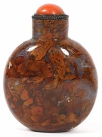 1324 CHINESE, AGATE SNUFF BOTTLE, CORAL STOPPER, H 2 1/2"