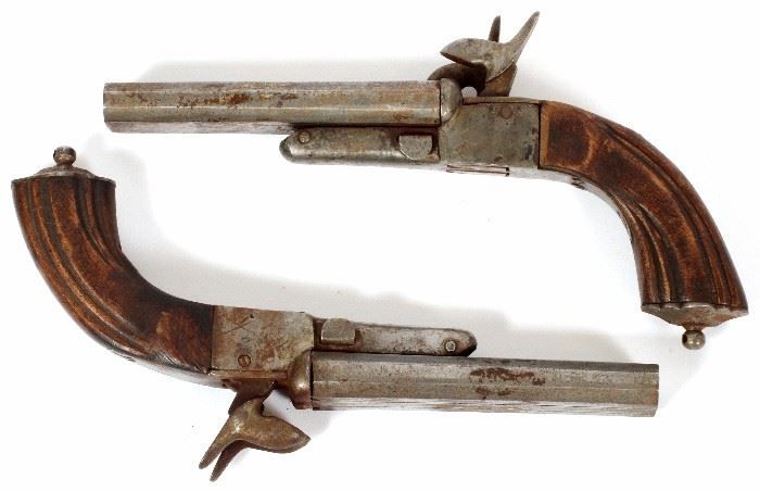 291 FRENCH, PIN FIRE DOUBLE BARREL, .38 CAL. PISTOLS, C1860, PAIR, L 4 1/2" BBLS.