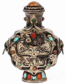 1326 CHINESE, CORAL/TURQUOISE STONES & SILVER SNUFF BOTTLE, H 3"