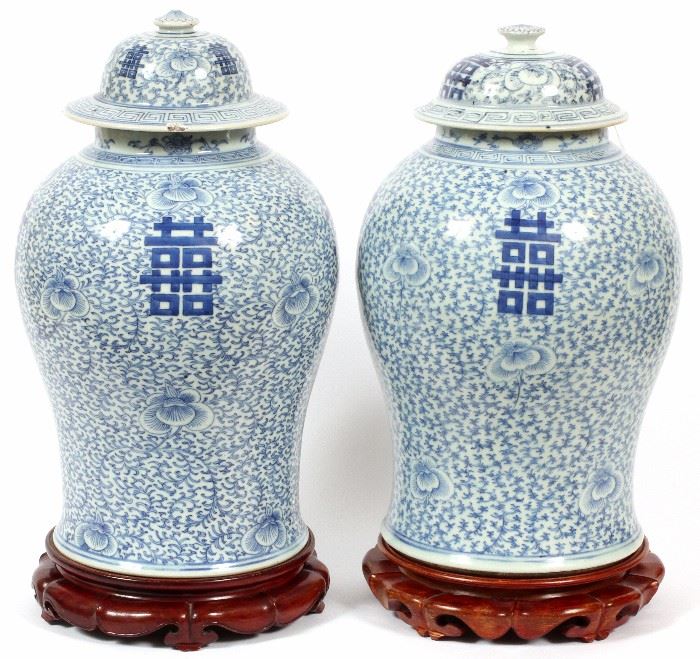 1329 CHINESE BLUE AND WHITE TEMPLE JARS, PAIR, H 17" "TAOKUANG"