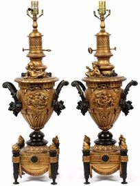 1118 EDWARDIAN BAROQUE STYLE CAST METAL TABLE LAMPS, PAIR, H 24.25"
