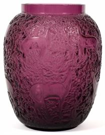 1052 LALIQUE 'BICHES' VIOLET FROSTED GLASS VASE, H 7" DIA 5 1/4"