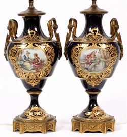 70 SEVRES-STYLE PAINTED PORCELAIN URNS MOUNTED AS LAMPS, PAIR, H 29"