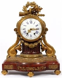 2220 FRENCH D'ORE BRONZE & MARBLE MANTLE CLOCK, 19TH C., H 19", W 15", D 8"