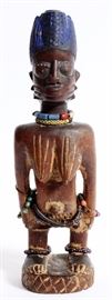 1371 AFRICAN NIGERIAN FIGURE ANTIQUE HAND-CARVED FEMALE, WITH BEADED NECKLACE, BRACELETS,ETC. (1) H 12" W 4"