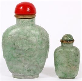 1325 CHINESE JADE SNUFF BOTTLES, TWO, H 3" AND 2"