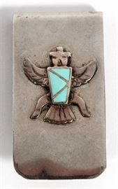 186 NATIVE AMERICAN STERLING SILVER AND TURQUOISE MONEY CLIP, L 1 7/8"