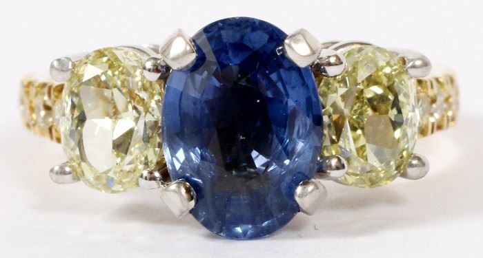 2197 3.14CT NATURAL BLUE SAPPHIRE AND 1.78CT FANCY YELLOW DIAMOND RING, SIZE 7, GIA