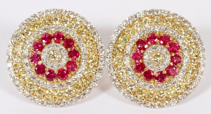 2228 3.25CT NATURAL FANCY YELLOW,  3.5CT NATURAL RUBY, AND 2.80CT DIAMOND EARRINGS, DIA 1"