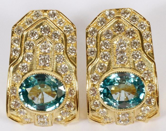 1062 9.30CT NATURAL BLUE ZIRCON AND 3.84CT DIAMOND EARRINGS W 5/8", L 1 1/16"