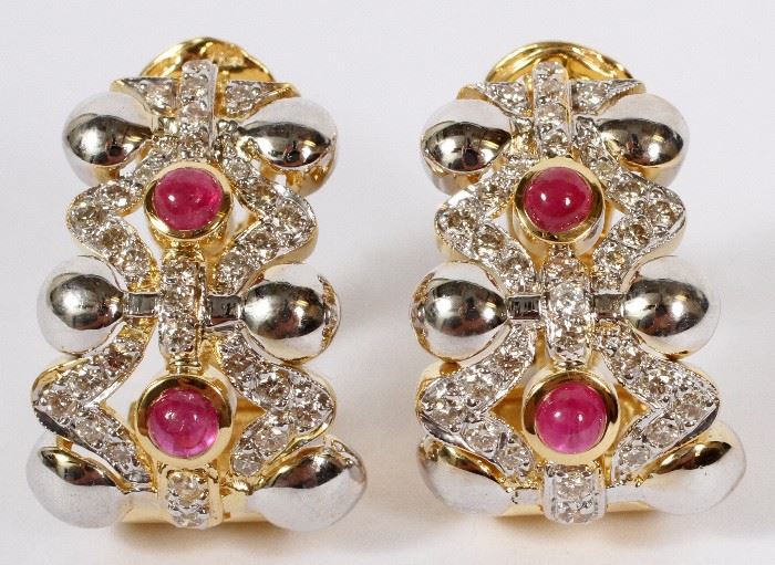 1064 1.20CT DIAMOND AND .80CT RUBY EARRINGS, W 5/8", L 1"