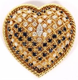 1066 14KT YELLOW GOLD, DIAMOND & SAPPHIRE HEART PENDANT/BROOCH, W 1 7/8"