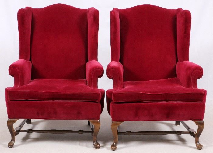 1294 QUEEN ANNE STYLE, WING BACK CHAIRS, PAIR, H 44", W 33:, D 30"