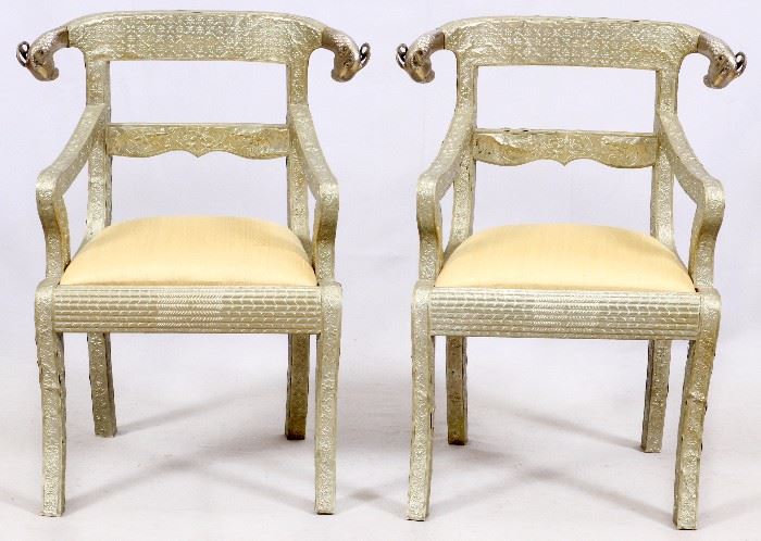 1196 A PAIR OF ANGLO-INDIAN STYLE SILVERED CHAIRS, H 34", W 26" D 17"