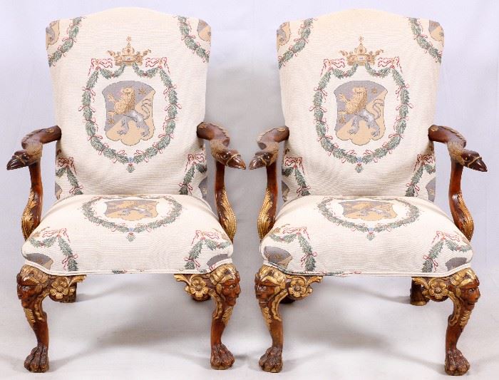 1005 PAIR OF CHIPPENDALE STYLE CARVED WALNUT ARMCHAIRS, H 45" L 29", D 30"