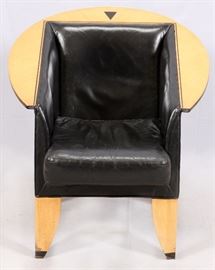 2391 FRUITWOOD, BLACK LEATHER UPHOLSTERED MODERN ARMCHAIR, C. 1950'S