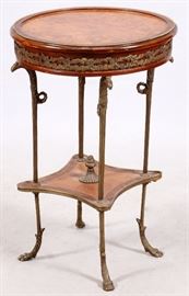 1108 FRENCH EMPIRE STYLE BURL WOOD VENEER BRONZE ROUND SIDE TABLE, H 29 1/2", DIA 19 1/2"