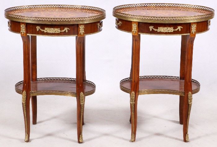 1109 FRENCH MARQUETRY INLAID MAHOGANY END TABLES, PAIR, H 30, W 23", D 17"