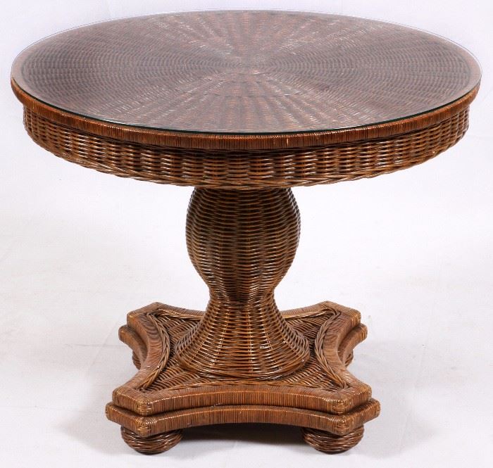 162 WICKER & GLASS TOP TABLE, H 28 1/2", DIA 36"