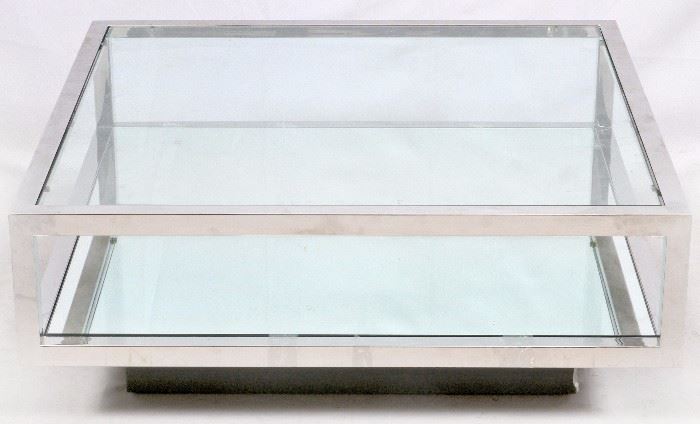 111 CONTEMPORARY, STAINLESS STEEL AND GLASS TOP COFFEE TABLE, LATE 20TH C, H 16", W 42", L 42"
