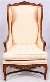 1115 INTERIOR CRAFT, WINGBACK UPHOLSTERED ARM CHAIR, OAK FRAME, H 48"