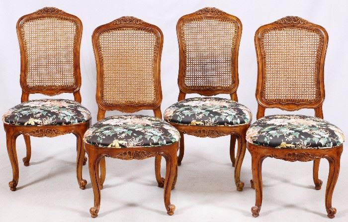 34 HENREDON, CARVED WALNUT AND CANE BACK, CARD TABLE CHAIRS, SET OF FOUR