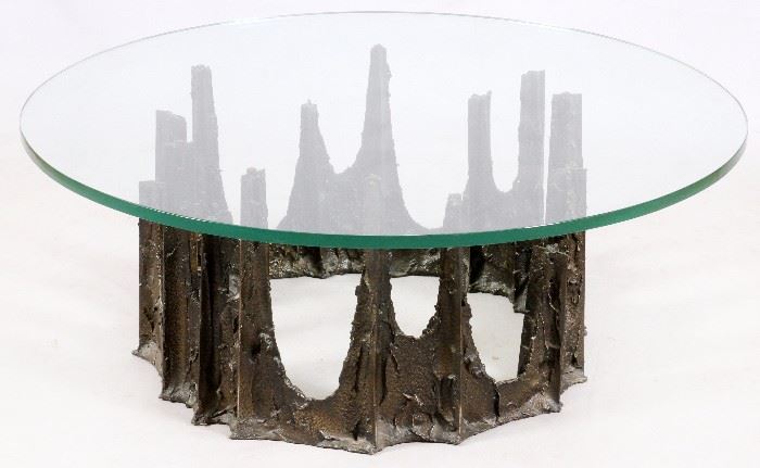 2216 IN THE STYLE OF PAUL EVANS, BRUTALIST "SCULPTED METAL" OCCASIONAL TABLE, H 16", DIA 42"