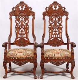 2215 FRENCH CARVED WALNUT ARMCHAIRS, PAIR H 59.5" W 28" D 20"