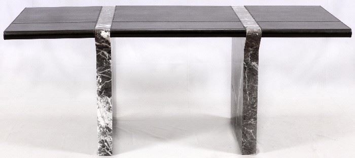 2281 CONTEMPORARY VEINED GREEN MARBLE & BLACK LEATHER DESK, H 30", W 34", L 73"