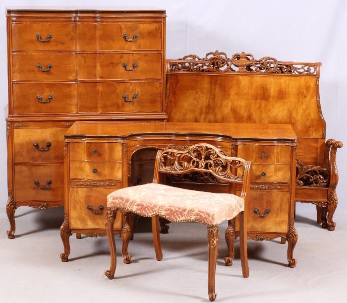 2283 FRENCH STYLE CARVED WALNUT BEDROOM SET, C. 1920-1950, 5 PIECES