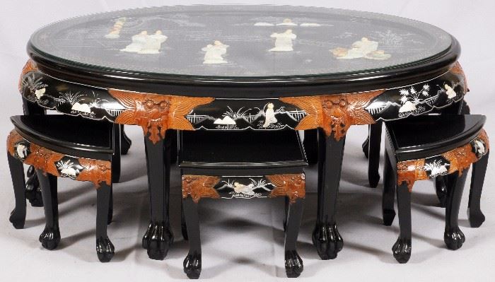 395 CHINESE BLACK LACQUER AND HARDSTONE-INLAY OVAL TABLE AND STOOLS, 7 PIECES H 20 1/2" L 47 1/2" D 29 1/2"