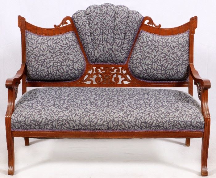 1426 CARVED AND UPHOLSTERED LOVESEAT, 19TH C.
