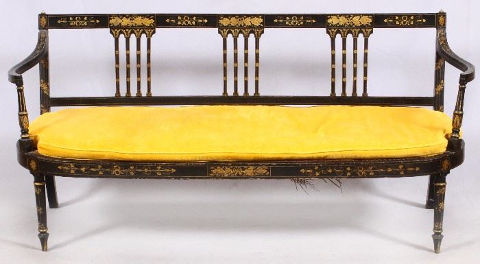 1100 REGENCY STYLE BLACK PAINTED AND CANE SETTEE, 19TH C., H 33", L 70", D 23"