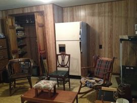 refrigerator, chairs, office stuff, tables, stool