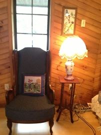 antique vintage wingback chair, candle stand, porcelain lamp, pretty bird picture