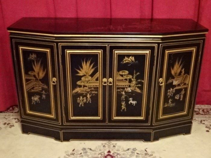 CHINESE BLACK ENAMEL CABINET, GOLD PAINTED LANDSCAPES AND FOLIATE DESIGNS, BRASS PULLS, 4 DOORS