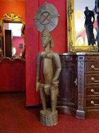 LARGE AFRICAN CARVED WOOD SCULPTURE, FEMALE FIGURE WITH ROUND HEADDRESS