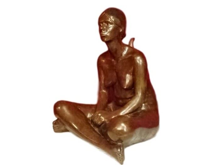 JIM HILL HEAVY BRONZE SCULPTURE, SEATED WOMAN WITH SNAKE ON HER BACK, LIMITED EDITION, SIGNED JIM HILL ON BASE AND NUMBERED