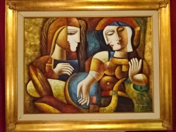LARGE P. KARMEN ABSTRACT CUBIST PAINTING ON CANVAS, 2 FIGURES, SIGNED P. KAMEN LOWER RIGHT