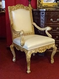 PAIR ROCOCO STYLE GILT WOOD ARMCHAIRS BY GINA B., LEATHER UPHOLSTERED SEATS AND BACKS