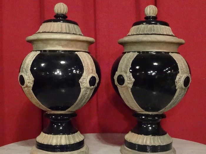 PAIR LARGE CERAMIC URNS WITH LIDS, BLACK AND TAUPE GLAZE