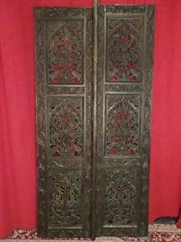 2 PC SOUTHEAST ASIAN WOOD DOORS, OPENWORK CARVED FOLIATE DESIGNS, VERY GOOD VINTAGE CONDITION